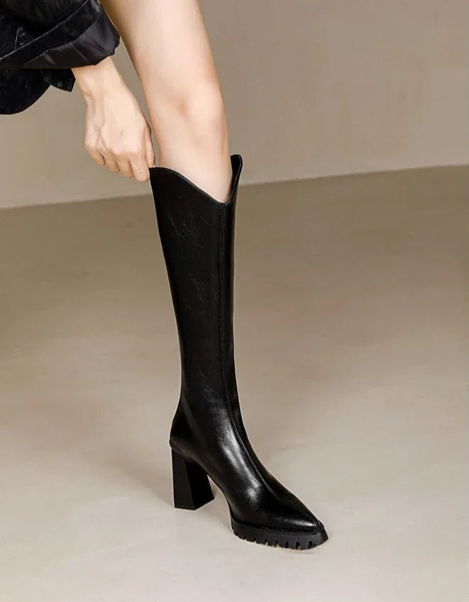 Elegant Heeled Women's Long Boots High Heels Leather Brown Ladies Knee Shaft Shoes Pointed Toe Waterproof Y2k Chic New Rock Work