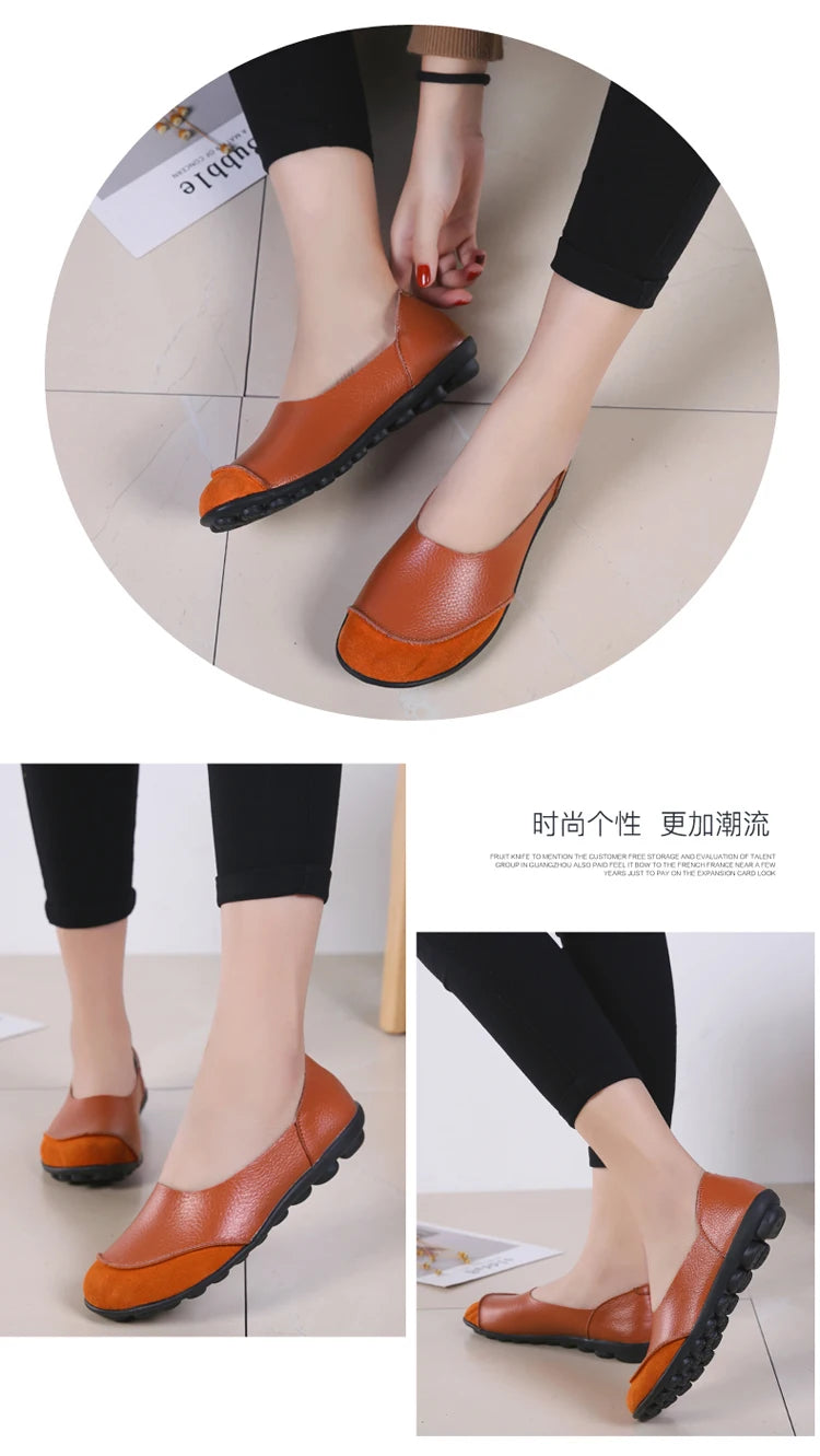 Women's shoes casual flat walking low heel loafers leather solid color large size casual single shoe work shoes44