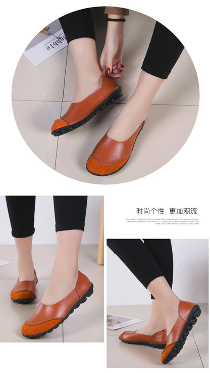 Women's shoes casual flat walking low heel loafers leather solid color large size casual single shoe work shoes44