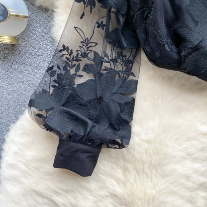 Vintage Blouse for Women Hollow Lace Sheer Long Lantern Sleeve Stand Collar Skinny Blouses Versatile Female Tops Dropshipping