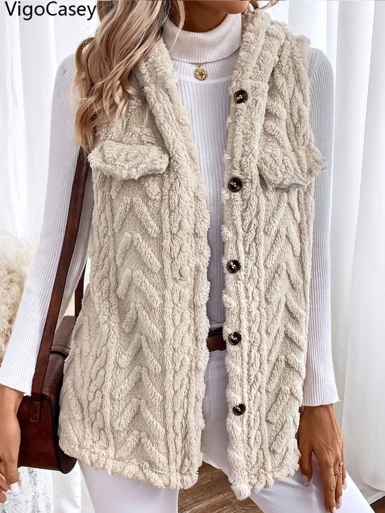 VigoCasey 2025 Apricot Sleeveless Vest Coat Woman Single-breasted Warm Plush Waistcoat Lady Autumn Winter Hooded Vest Jacket