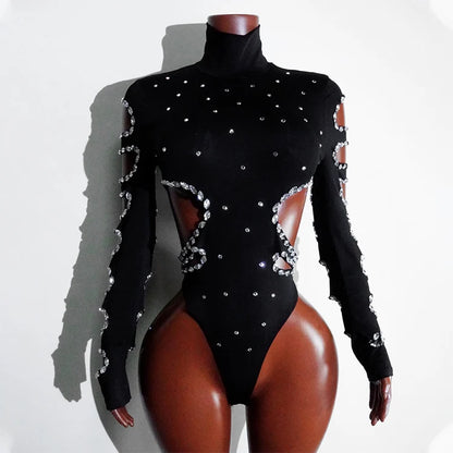 rhinestHollow Out Sexy Black Women Bodysuit pants Sets Long Sleeve Turtleneck Bodysuits Clubwear Costumes Stars Hot Singer Stage