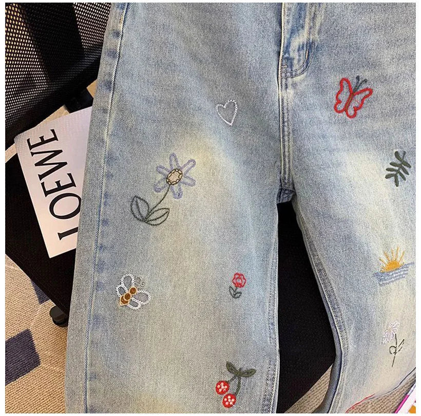 Vintage Embroidered Jeans Trousers For Women Summer 2025 New Korean Fashion High Waist Straight Retro Casual Denim Pants