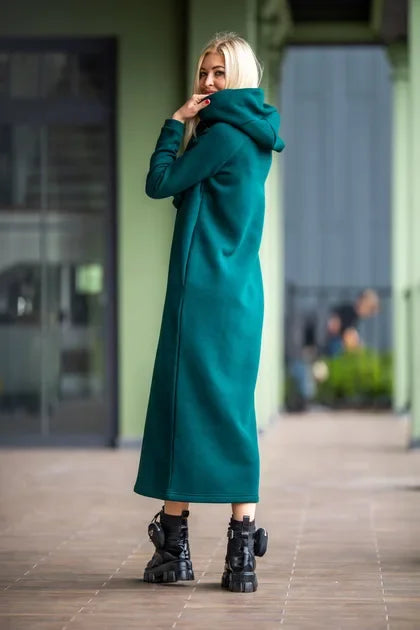 Plus Size Women Fashion Loose Autumn Winter Large Knitted Hooded Long Dress Velvet Hoodie Casual Dress Splicing Warm Dress