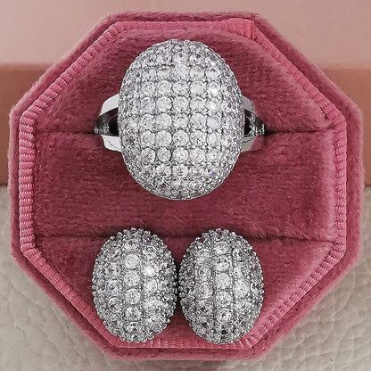 2pcs Pack silver color bride Jewelry Set Halo Engagement Ring Round Stud Earring For Wedding Christmas  Gift Party J6016