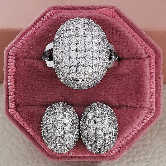 2pcs Pack silver color bride Jewelry Set Halo Engagement Ring Round Stud Earring For Wedding Christmas  Gift Party J6016