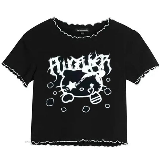 Sanrio Hello Kitty Goth Punk Trend Women Crop Tops Y2k Vintage Fashion Korean Cartoon Tees Black White Loose Girl T-shirt Tops