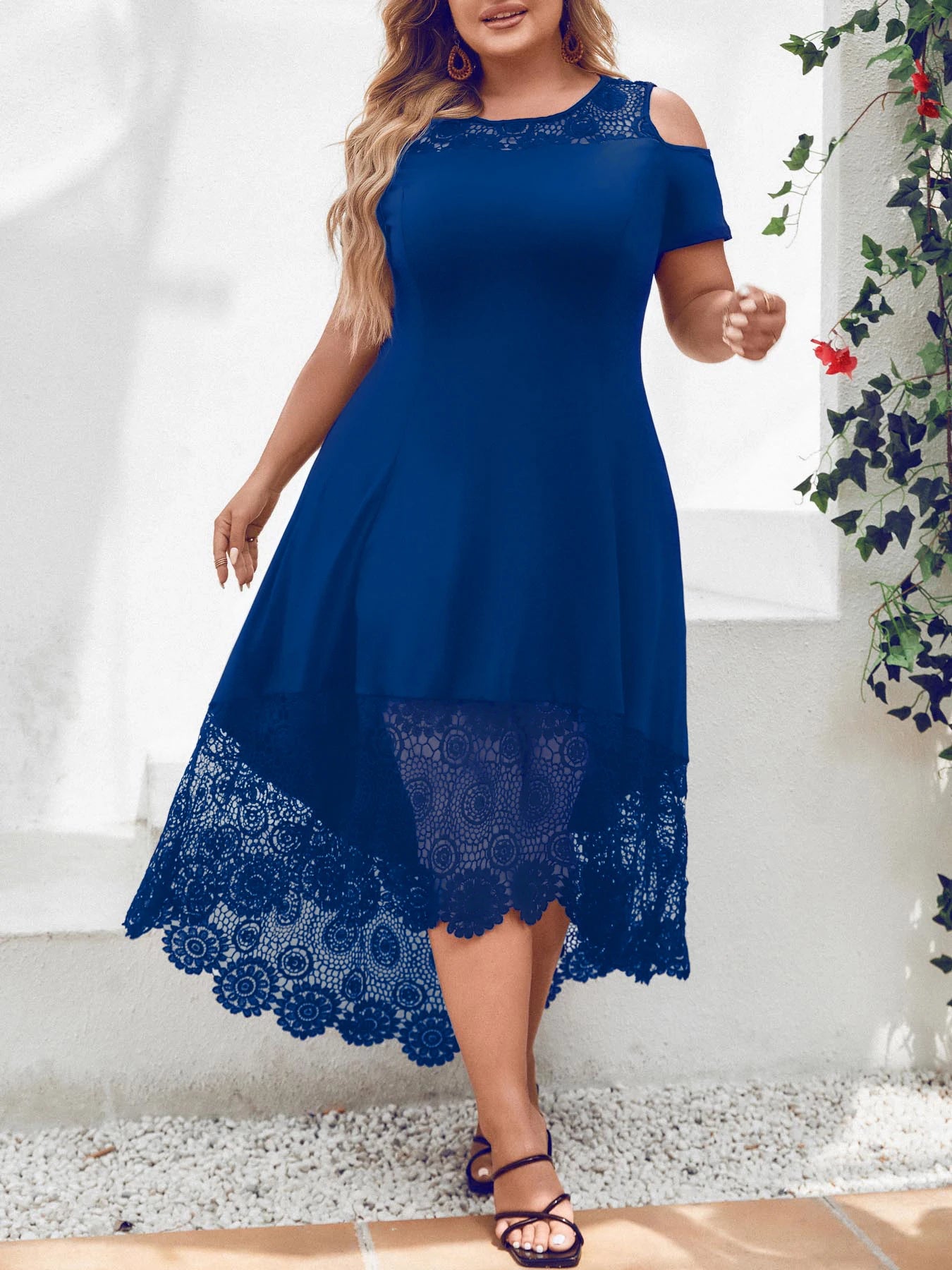 Plus Size Women' Solid Elegant Lace Spliced Cold Shoulder Midi Dress Summer Ladies Banquet Party Cocktail Sundress Size 0XL-5XL
