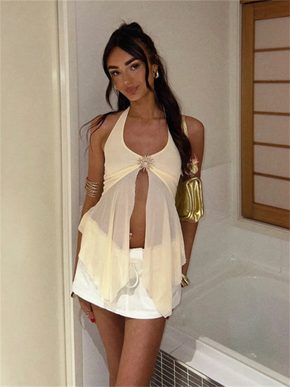 Absobe Halter Tie-Back Sheer Mesh Patchwork With Metal Accents Tank Top Backless Y2K Vest For Women Chic Streetwear Blouse
