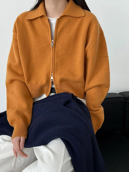[EAM] Orange Big Size Casual Knitting Cardigan Sweater Lapel Long Sleeve Women New Fashion Tide Spring Autumn 2026 1DJ3315