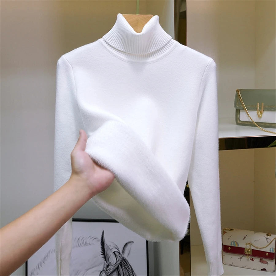Sweater For Women Winter Thicken Turtleneck Slim Knit Pullover New Warm Plush Velvet Lined Knitwear Jumper Tops Casual Poleras