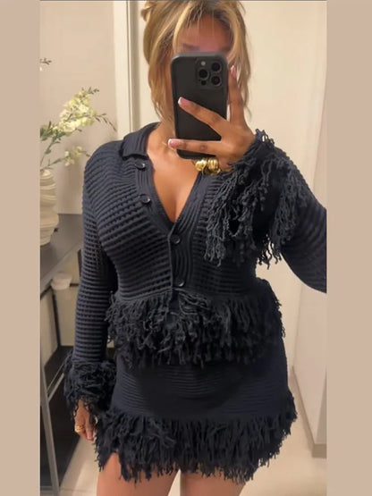 Sexy Knitted Tassel Top Skirt Women Set Dark Blue Long Sleeve Lapel Button Tops Pleated Mini Skirts 2025 Fashion Solid Lady Suit