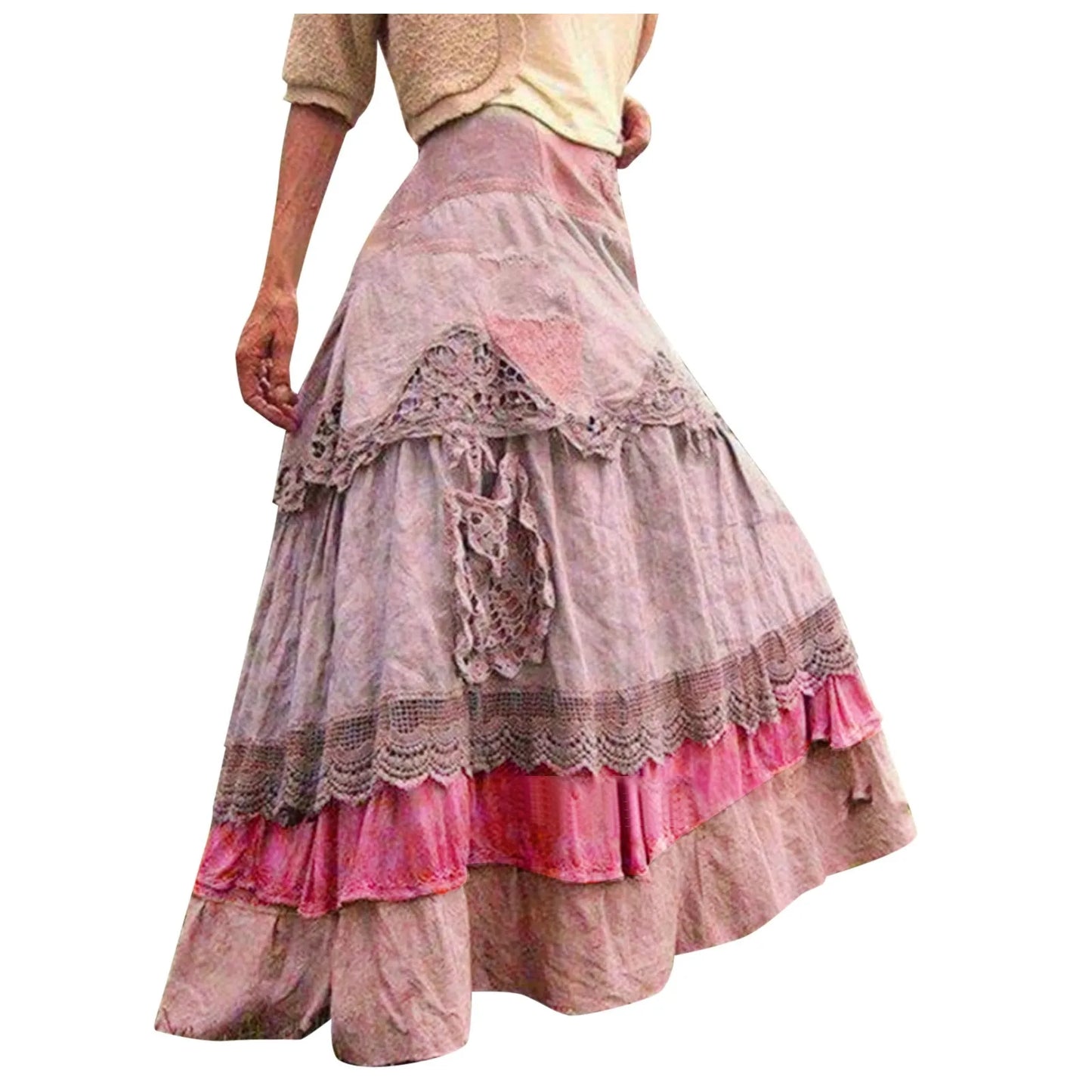 2025 Summer Long Skirt Ladies Boho Tiered Lace Maxi Skirts For Women Vintage A-Line Large Hem Skirts Faldas Para Mujeres
