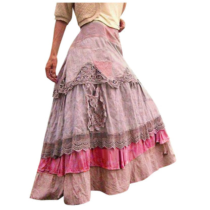 2025 Summer Long Skirt Ladies Boho Tiered Lace Maxi Skirts For Women Vintage A-Line Large Hem Skirts Faldas Para Mujeres