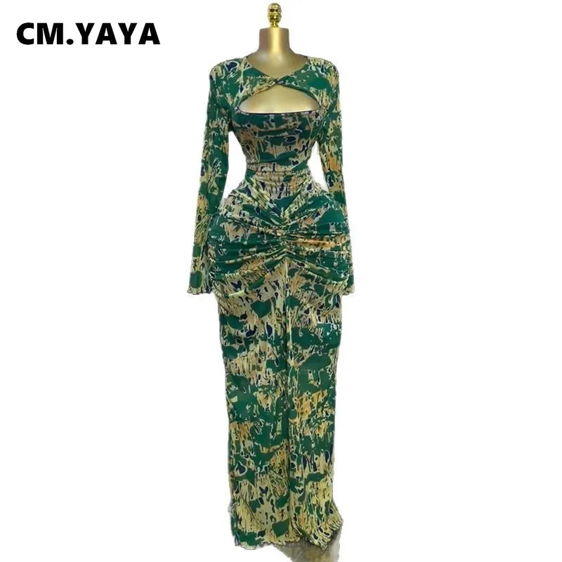 CM.YAYA Women Draped V-neck Cutout Front Ruched Stacked Bodycon Midi Long Maxi Dress 2025 Night Club Party Vestidos Sexy Dresses