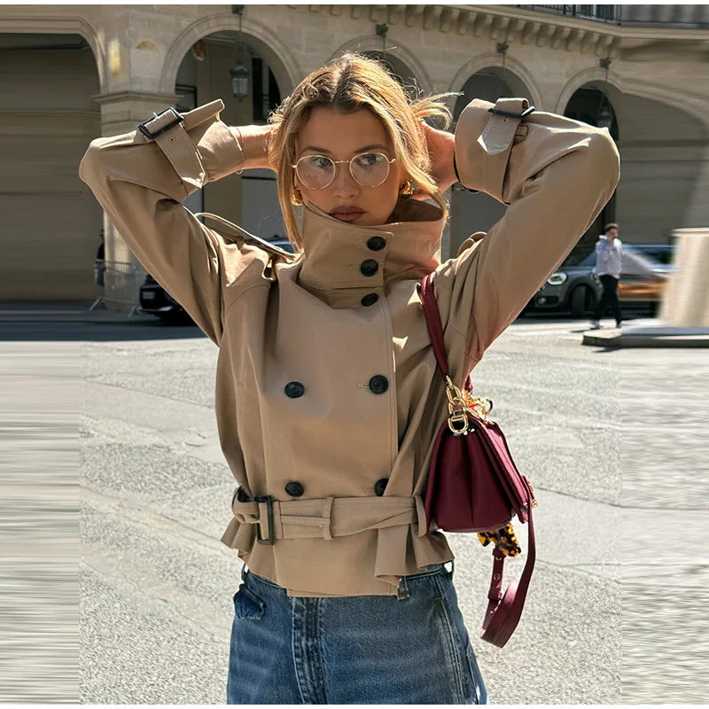 Belted Waist Cropped Trench Double Breasted Stand Collar 2025 Autumn Chic Elegant Women Coat Casual Vintage Office Lady Jacket