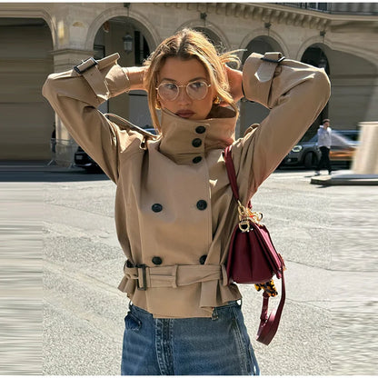 Belted Waist Cropped Trench Double Breasted Stand Collar 2025 Autumn Chic Elegant Women Coat Casual Vintage Office Lady Jacket