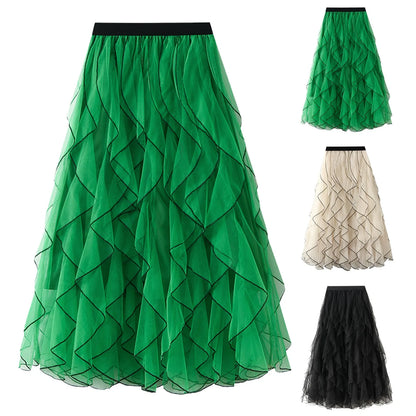 Autumn New Wave Pattern Fairy Mesh Ruffle Skirt High Waist A-Line Large Swing Long Skirt Women'S Half Body Skirt Ropa Para Mujer