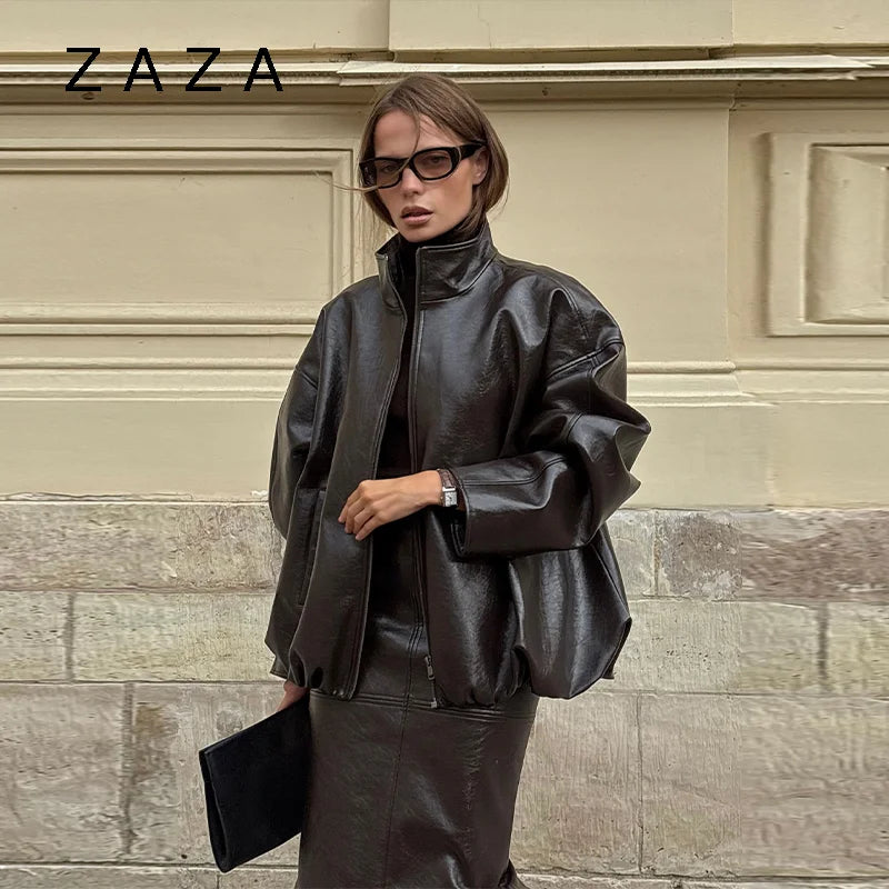 Vintage Solid Pu Leather Jacket Skirt Set High Neck Coat Slim Fit Long Skirt Coats Skirt Sets 2025 New Autumn Winter Lady Outfit