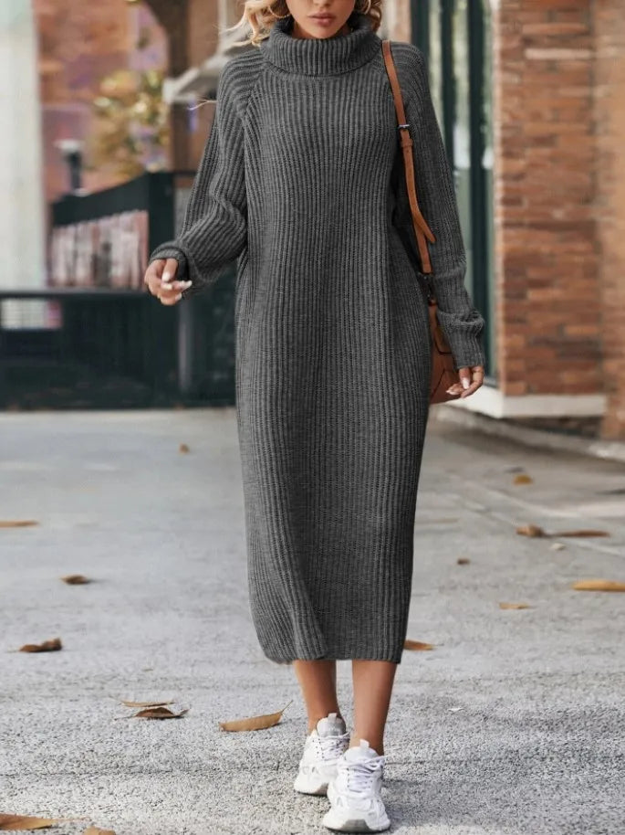 Winter New Women's Fashion Temperament Elegant Slim Fit Coat Long Woolen Dress Loose Casual High Neck Knitted Dress