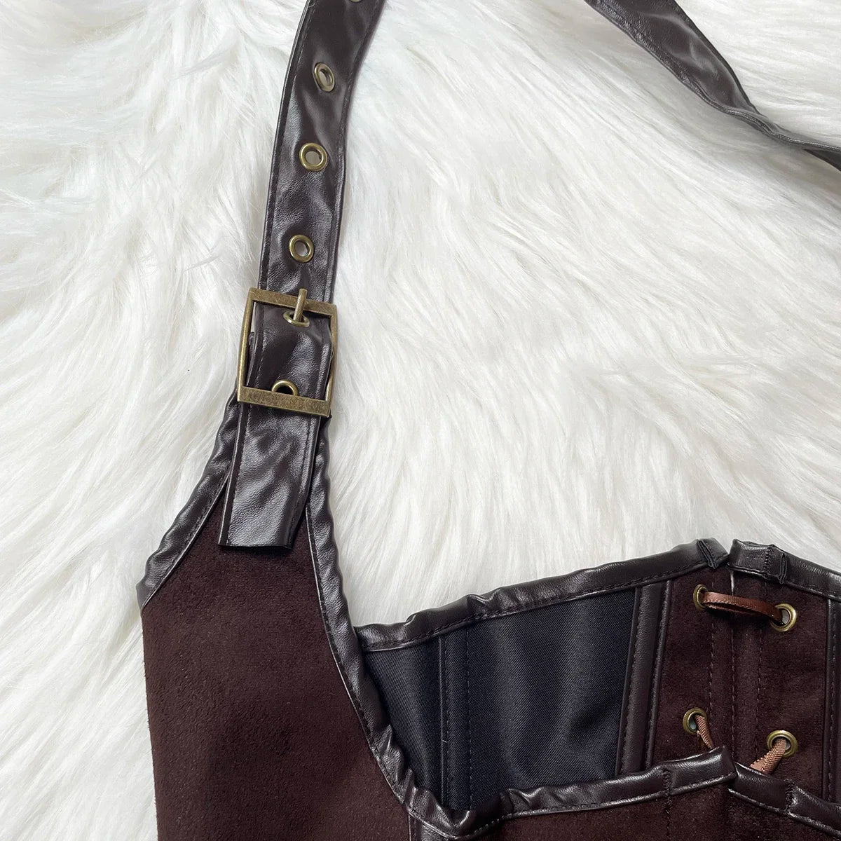 Brown Suede Corset Top with PU Leather Gothic Steampunk Bustier Lace Up Slim Waist Shapewear Women Halloween Cosplay Costume