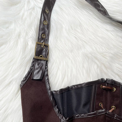 Brown Suede Corset Top with PU Leather Gothic Steampunk Bustier Lace Up Slim Waist Shapewear Women Halloween Cosplay Costume