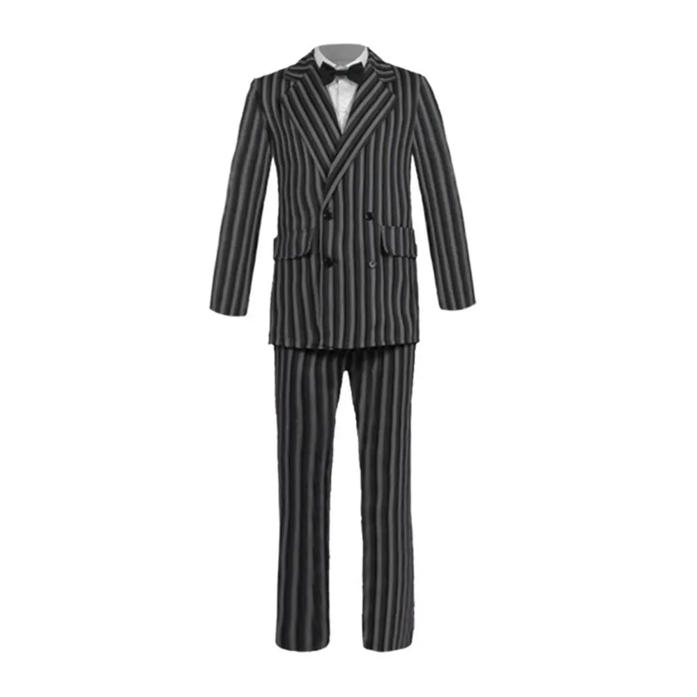 EtherealBe striped black suit and trousers with white collar and bow tie for Wednesday Addams cosplay dress for women