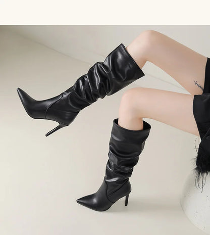 2025 Winter Knee Boots With Heels Woman 10CM Stiletto Fashion Slip on Pointy Autumn Shoes Women Soft Leather Pleated Long Boots