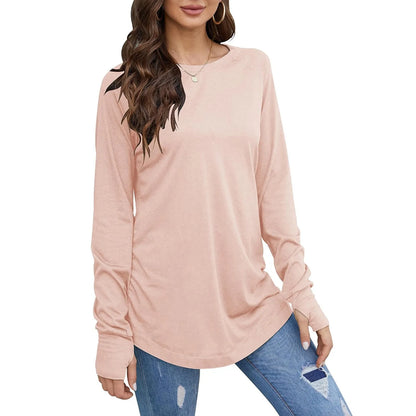 Women's Solid Round Neck Loose Long Sleeve Medium Length Leaky Thumb T-shirt Top