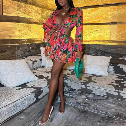 Two Piece Sets Women Skirt Set Print Floral Matching Sets V Neck Flare Sleeve Top Short Skirts Dress Sets Lace Up High Waist