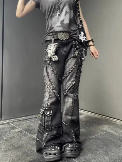 2025 Autumn Winter Women's Denim Pants Dark Academia Cargo Jean Flared Bell Bottom Designer Kpop Japanese Y2k 2000s Goblin Core