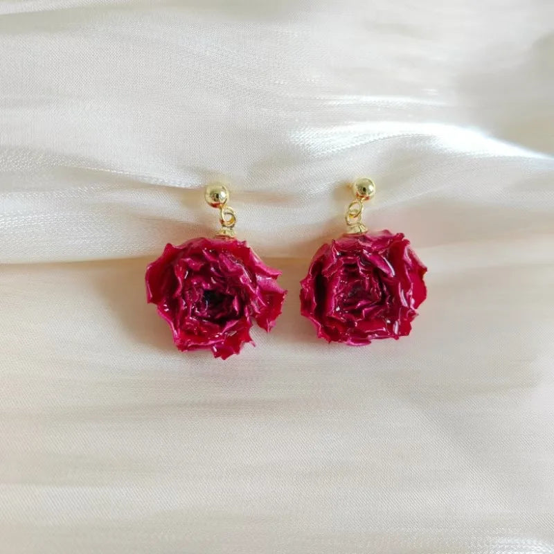 Unique Immortal Flower Earrings Elegant Natural Flower Pearl Drop Earrings Statement Jewelry Epoxy Resin Real Rose Earring 2024