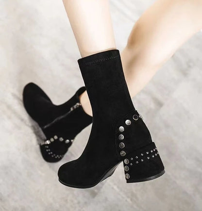 Mid Calf Round Toe Black Shoes For Women Ladies Boots Biker Footwear Studded Half High Gothic Hot Stylish And Low Price Pu