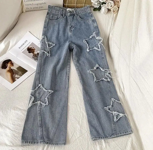 1pcs Streetwear Blue Stars Korean Fashion Denim Y2k Vintage Clothes Women Straight Leg High Waist Jeans