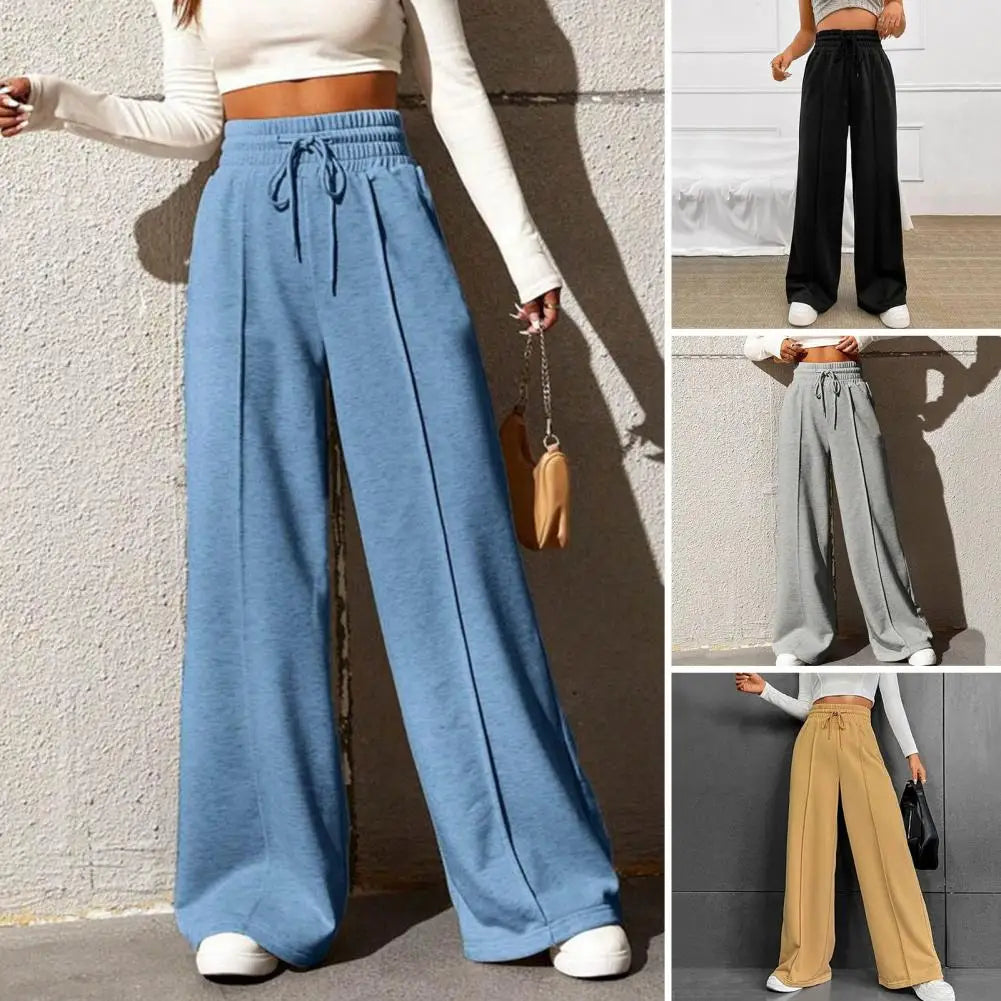 Spring And Summer Ladies' Fashion Solid Colour Drawstring High Waist Wide Leg Pants Daily Wide Leg Comfortable Thin Sweatpants