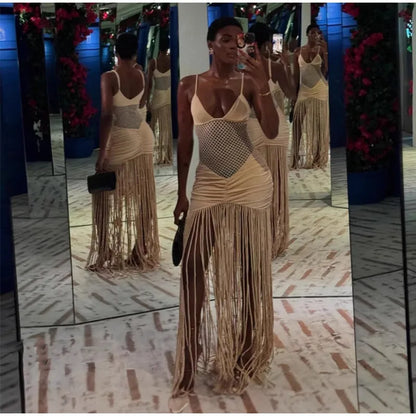 Hollow Out See-through Long Dress Women Holiday Tassels High Waist Sleeveless Strap Dresses Female Backless Evening Club  Robe