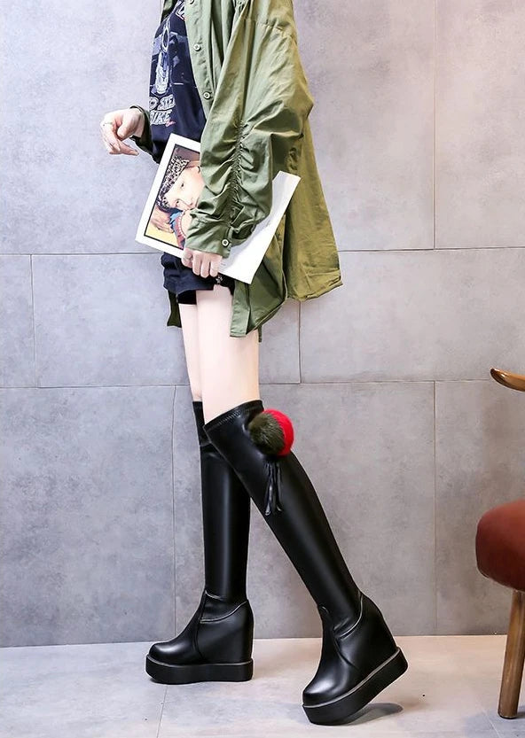Knee Thigh High New In Women's Boots Genuine Leather Fur Long Shoes for Women Winter 2025 Wedges Chunky Platform Heeled Black