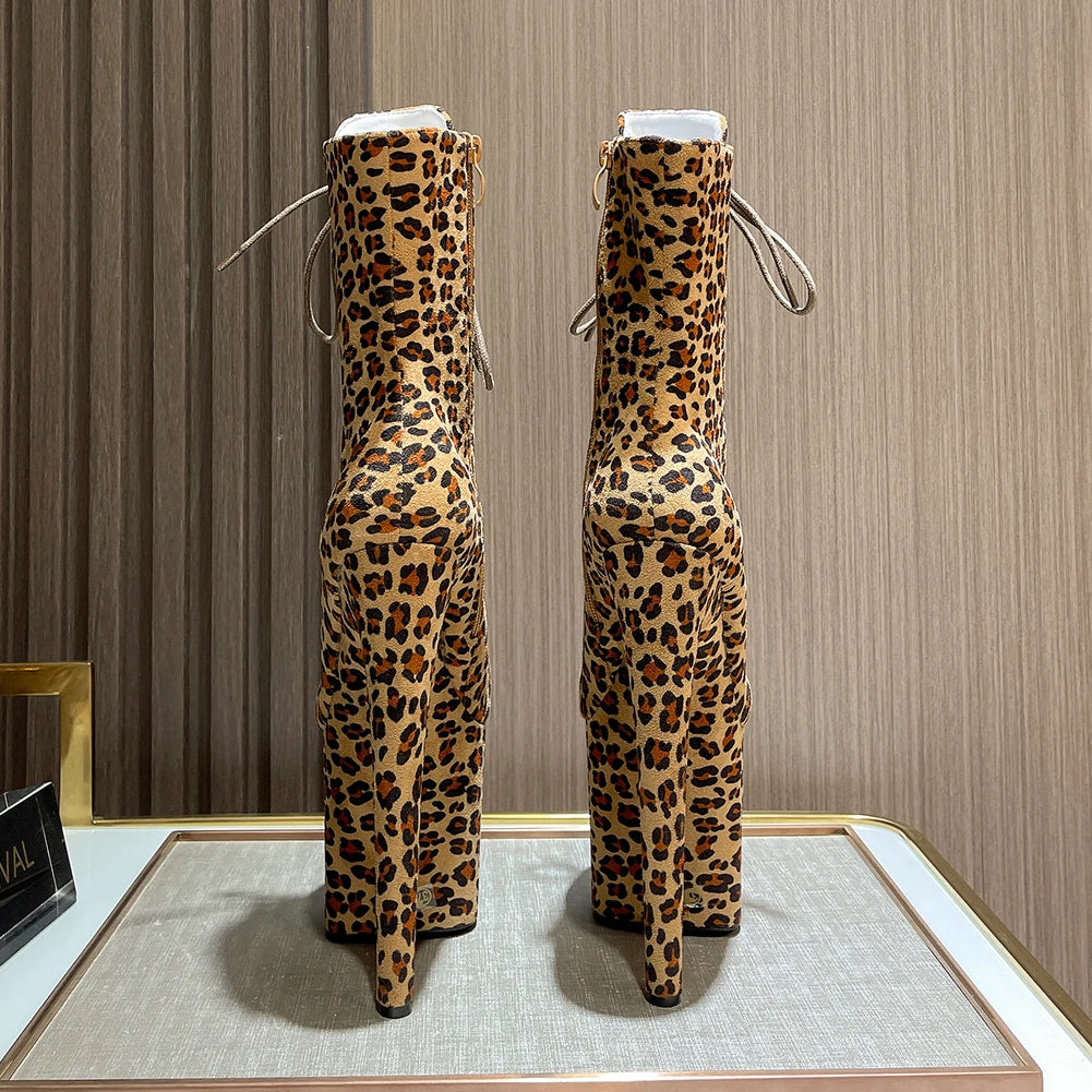 Sexy Fetish Leopard 20cm/8Inch Women's high-heeled Ankle Boots Lace-up Zip Platform Suede Pole Dance Shoes Large Size 44 WESTERN