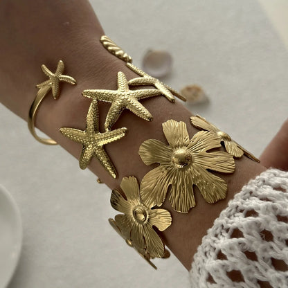 Exaggerated Metal Shell Starfish Flower Bangles Bracelets For Women Men Stainless Steel Fish Bow Heart Open Cuff Bangle Jewelry