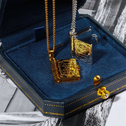 Book Lovers Necklace Stainless Steel Engraved Openable Book Chain Pendant Necklaces for Women Men Vintage Jewelry Gift