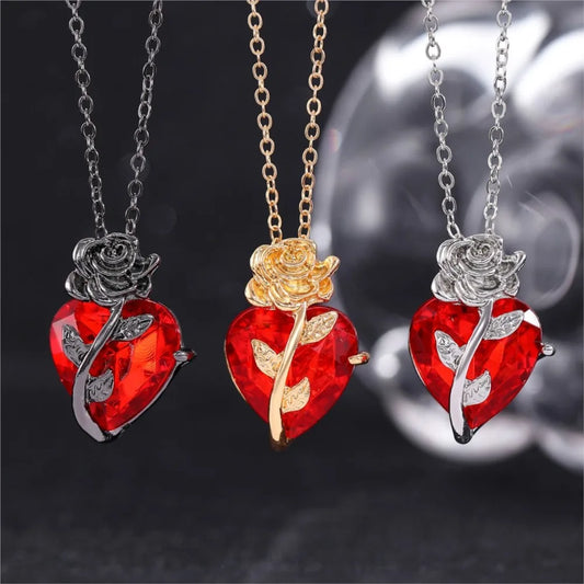 Gothic Dark Love Rose Heart Pendant Necklace For Women Flower Collarbone Chain For Halloween Party Jewelry Accessories Wholesale