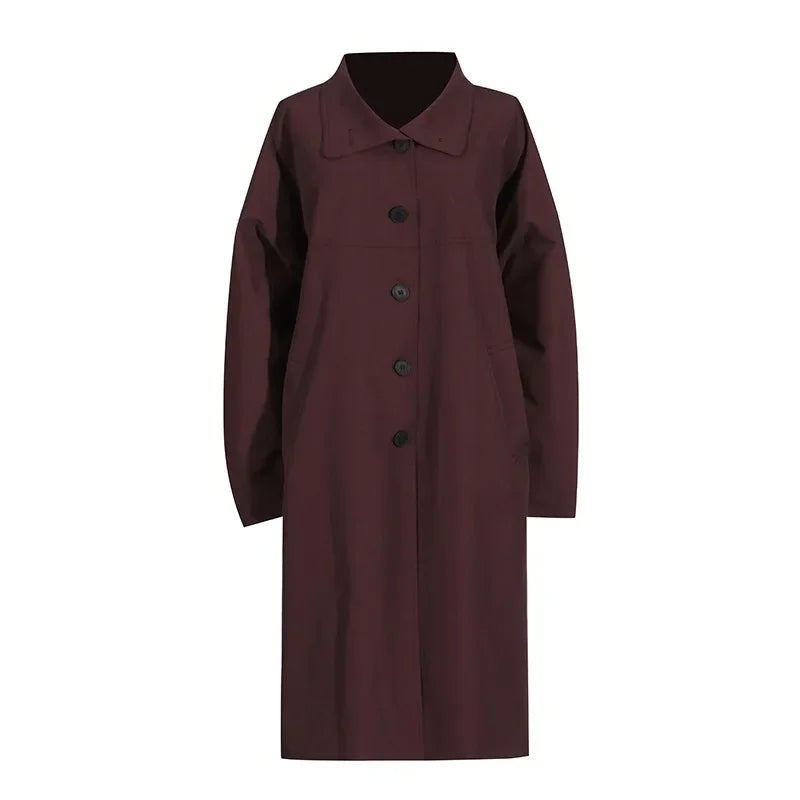 EtherealBe simple style long sleeve trench coat in deep burgundy with a button front design