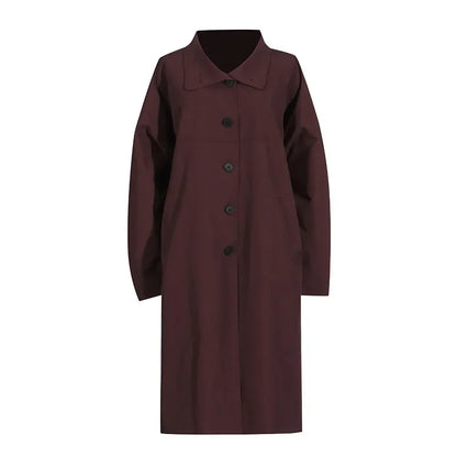 EtherealBe simple style long sleeve trench coat in deep burgundy with a button front design