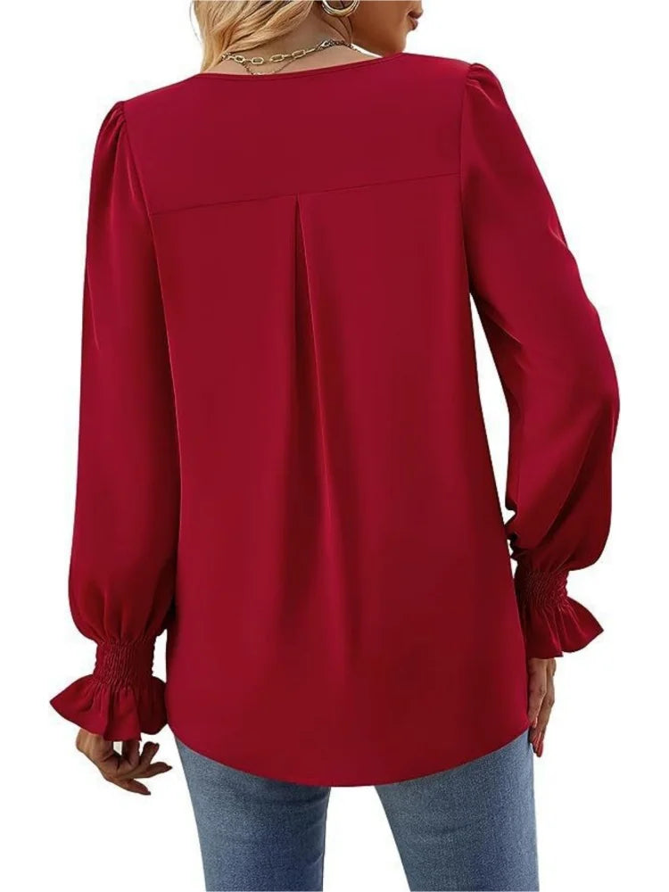 Women Spring Summer Style Blouses Shirts Lady Casual Long Sleeve V-Neck Solid Color Blusas Tops DF4998