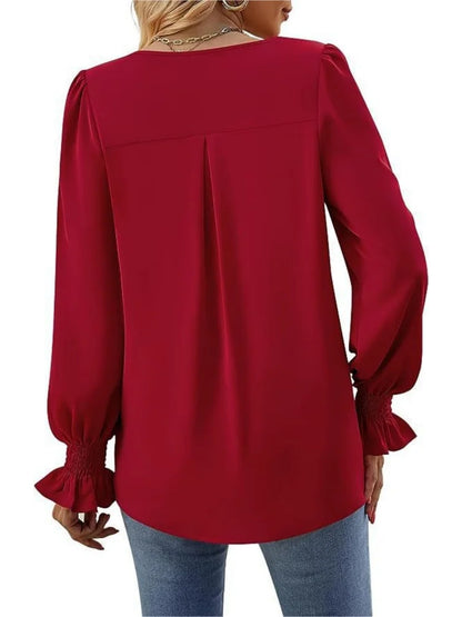 Women Spring Summer Style Blouses Shirts Lady Casual Long Sleeve V-Neck Solid Color Blusas Tops DF4998