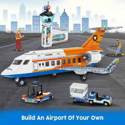HOGOKIDS City Passenger Airplane Building Set-STEM 3 in 1 Airport Toy with Baggage Truck Radar Tower Shuttle Bus for Kid6+ Adult