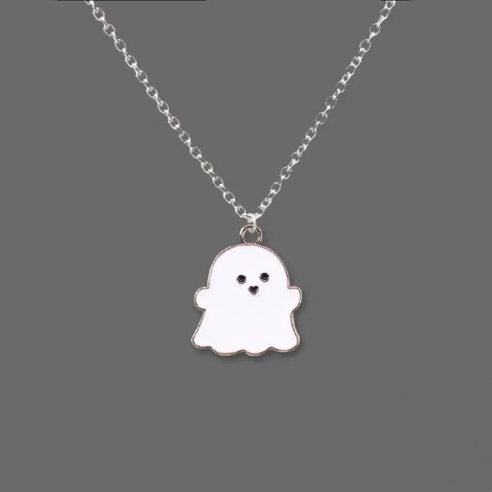 EtherealBe Halloween ghost pendant necklace with a smiling ghost charm on a silver chain