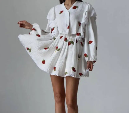 Spring And Summer New Fashion Ruffle Edge Long Sleeved Printed Shirt + Elastic Waist Short Skirt Set For Women,4 Colors