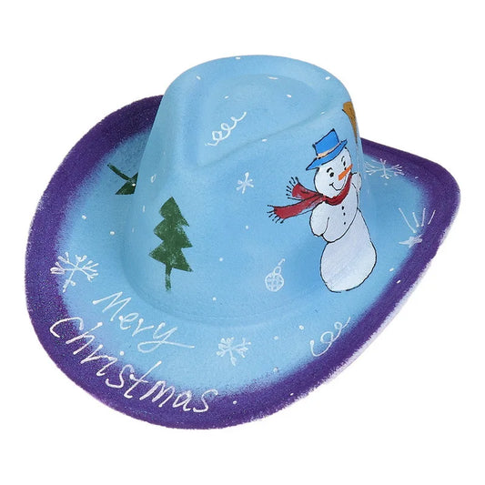 EtherealBe festive blue cowboy hat decorated for winter with a snowman and trees, ideal for Halloween cowboy hat for adults