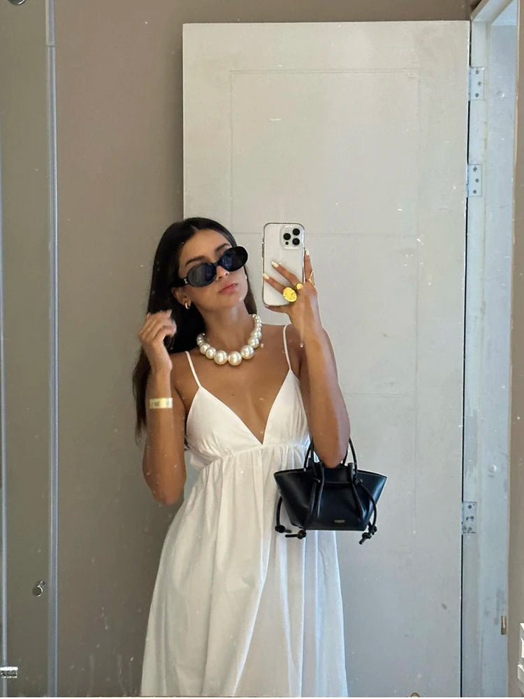 TRAFZA Women's White Elegant Halter Dress Pure V Neck Sexy Backless Spaghetti Strap Long Beach Holiday Casual Party Dresses